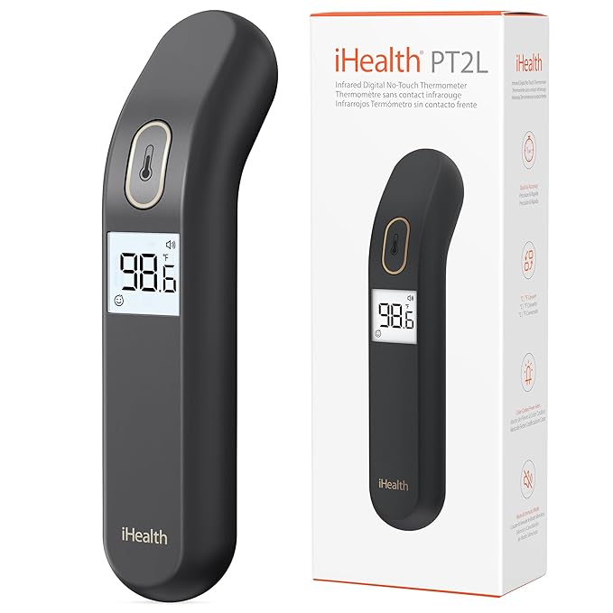 iHealth Touchless Thermometer for Adults and Kids, FSA/HSA Eligible, Color-Coded Alert & Silent Mode, 1-Second Accurate Fever Check, Portable for Home, Travel Use - PT2L Black