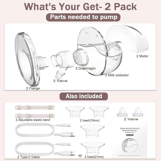 Wearable Breastfeeding Pump,4 Modes12 Levels,Hands Free Breast Pump,Portable Double Pump,Memory Function,Strong Suction,Rechargeable,Double-Sealed Flange Sizes (19/21/mm) (Nude 2 Pack)