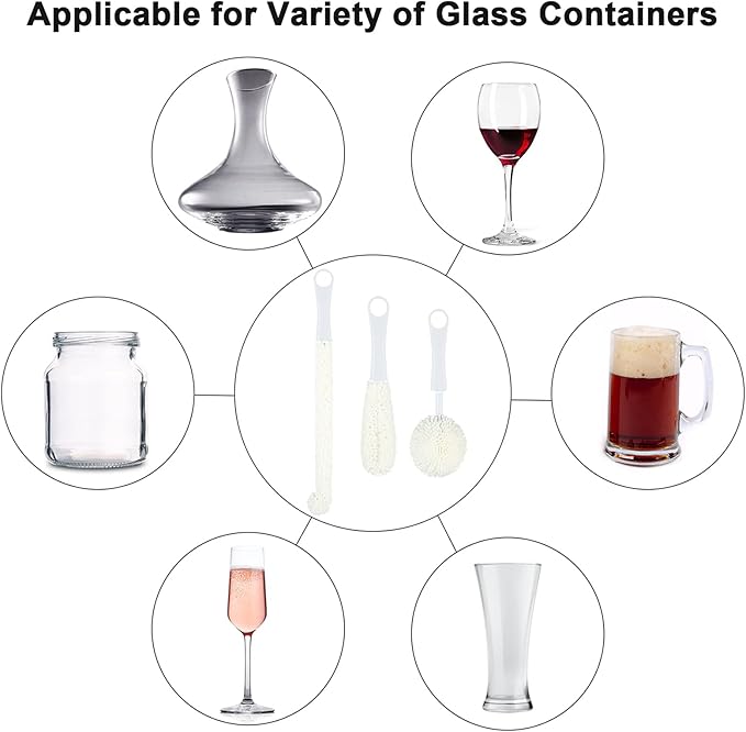 3 Pieces Wine Cleaning Brush Flexible Bottle Scourer with Stainless Steel Decanter Cleaning Balls Multi-Function Household Cleaning Tools for Goblets/Champagne Flutes/Cups/Glasses (White)