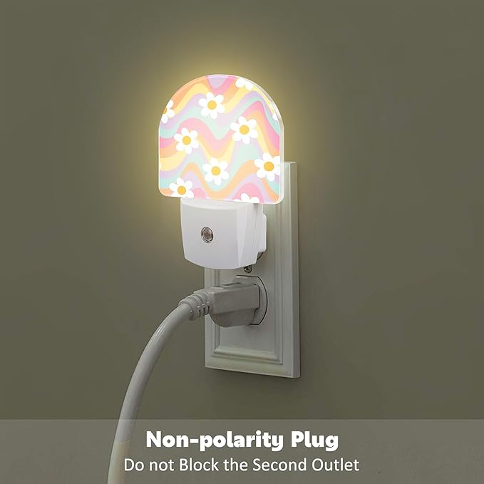 Groovy Hippie Daisies Flowers Night Light for Kids,Retro Rainbow Wavy Floral Night Light Plug in with Dusk to Dawn Sensor,0.5w Energy Saving Nightlight for Hallway Stairway Kitchen Bedroom