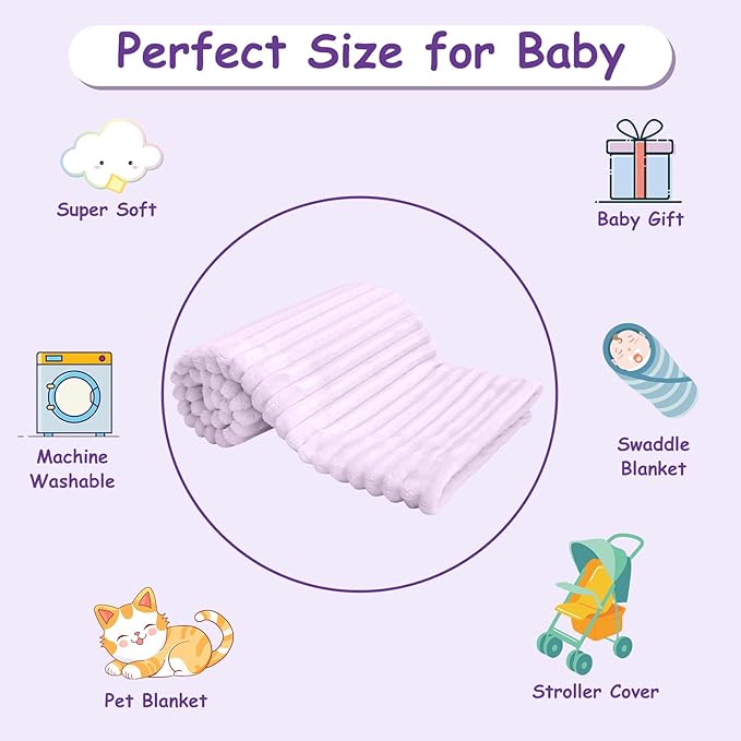 Soft Fleece Baby Blanket Ultra Cozy Baby Blankets for Girls Warm and Lightweight Infant Toddler Newborn Receiving Gift with Reversible Stripes for Crib Stroller, 30x40 Inch, Light Purple