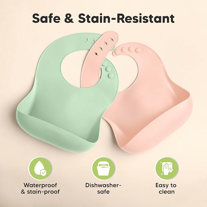 KeaBabies 2-Pack Silicone Baby Bibs for Eating - Sturdy Food-Grade Silicone Bibs for Babies Girl, Boy, Large Food Catcher, Clean & Put On Easily, Waterproof Toddler Feeding Essentials (Mellow)