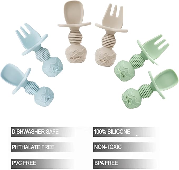 PandaEar 6 Pack Silicone Baby Spoons and Fork Feeding Set- Anti-Choke First Self Feeding Utensils for Baby Led Weaning Ages 3 Months (Blue, Green&Tan)