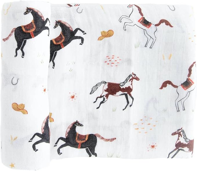 RED ROVR 100% Organic Cotton Muslin Swaddle | Newborn Receiving Blanket | Baby Wrap | Boy, Girl, Unisex | Soft, Lightweight, Breathable | Burping, Nursing | 44" x 44" | Howdy Horse