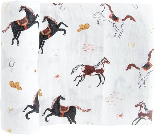 RED ROVR 100% Organic Cotton Muslin Swaddle | Newborn Receiving Blanket | Baby Wrap | Boy, Girl, Unisex | Soft, Lightweight, Breathable | Burping, Nursing | 44" x 44" | Howdy Horse