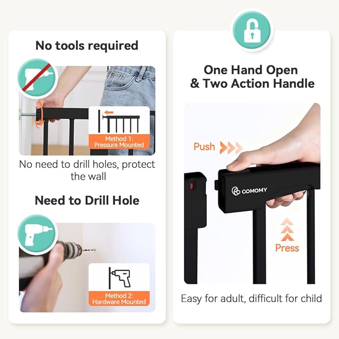 COMOMY 30" Tall Baby Gate for Stairs Doorways, Fits Openings 29.5" to 43.3" Wide, Auto Close Extra Wide Dog Gate for House, Pressure Mounted Easy Walk Through Pet Gate with Door, Black