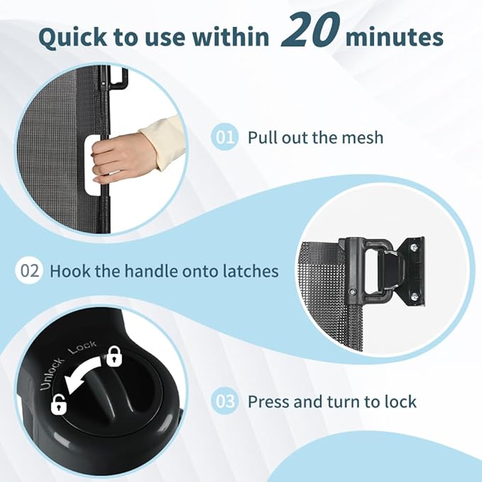 47” Extra Tall Retractable Baby Gate, Reinforced Mesh Dog Gate Extends to 71" Wide, Baby Gate for Stairs, Doorways, Hallways, Indoor and Outdoor, Black