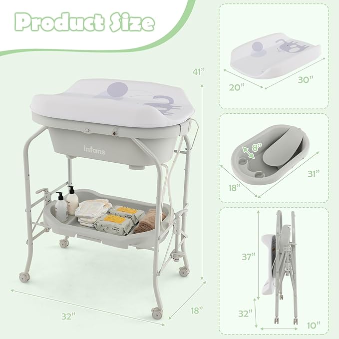 INFANS 2 in 1 Baby Changing Table with Bath Tub Unit, Folding Diaper Dresser Station with Wheels Waterproof Pad Storage Rack, Portable Nursery Organizer Stand for Newborn Infant (Light Grey)