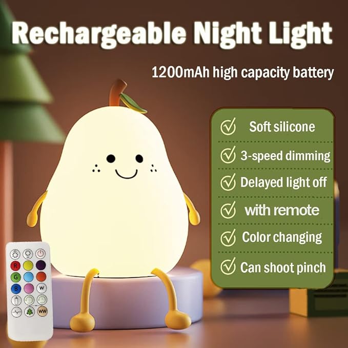 LED Cute Pear Night Light, Silicone Fruit Pear Lamp with Remote, Squishy Kawaii Bedside Cute Lamp, Adjustable Brightness NightLight for Bedroom, Rechargeable Soft Glow NightLight for Room Decoration