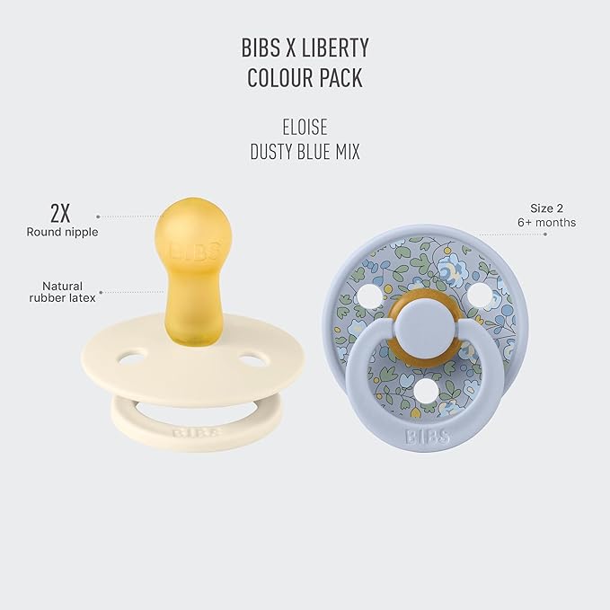 BIBS Colour Liberty Soother 2-Pack, BPA Free Dummy Pacifier, Round Nipple. Natural Rubber Latex, Made in Denmark, Size 2 (6-18 Months), Eloise Dusty Blue