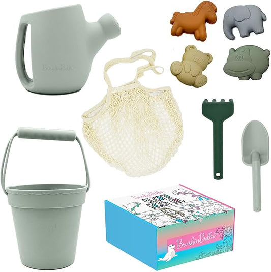 Silicone Beach Toys - Beach Bucket Set with Shovel, 4 Sand Molds - Travel-Friendly Kids Sand Toys in Net Carrying Bag - Safe Baby Sand Toys - Dishwasher-Safe (Light Green)