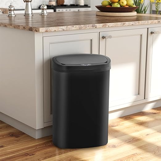 BestOffice | 13 Gallon Plastic Trash Can with Lid | Dark Black | Automatic Touchless Garbage Can | Odor Control | Modern Oval Design | Easy to Clean | Fits Any Kitchen, Bathroom, Office or Home