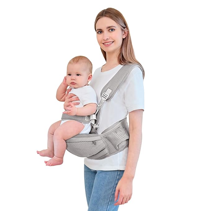 Baby Hip Carrier - Hip Carrier for Baby with Baby Safety Strap - Toddler Carrier 7-45 lbs - Ergonomic Infant Holder Baby Carrier with Hip Seat Large Capacity Pockets（Light Grey）
