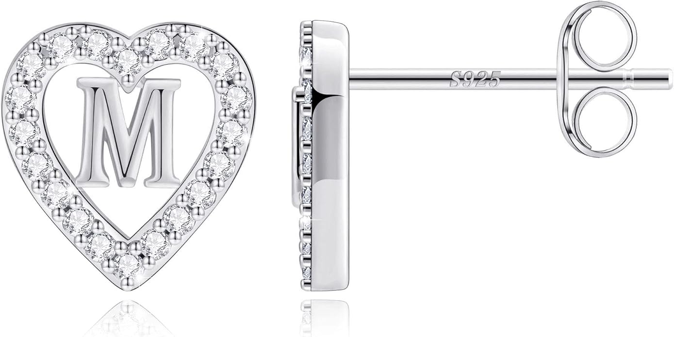 Anoup Christmas Gifts for Grandkids Girls Earrings - S925 Sterling Silver Post CZ Hypoallergenic Stud Heart Initial Earrings for Women Kids Jewelry Stocking Stuffers for Teen Girls Birthday Gifts