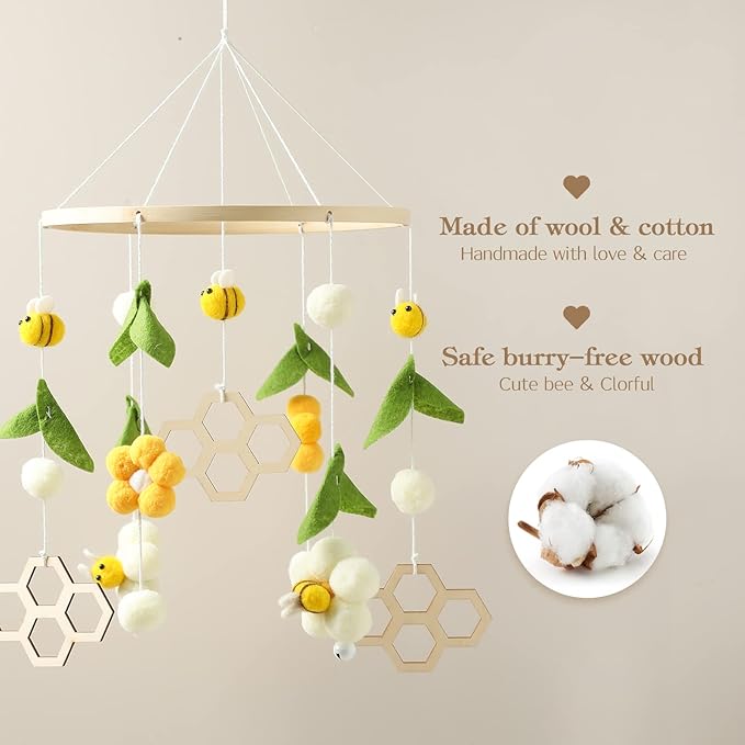 Nursery Mobile for Boys Girls, Boho Bee Flower Nursery Decor Soothe Toy, Shower Set for Infant Bedroom Hanging Decoration, Yellow