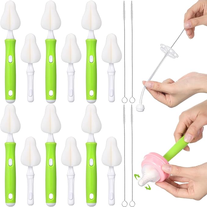 22 Pcs Sponge Bottle Nipple Brushes Set Including 12 Pcs Bottle Sponge Brush Heads 6 Interchangeable Nipple Brush Handles and 4 Long Straw Brushes for Baby Bottles