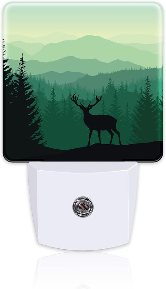 Misty Forest Deer and Mountain Night Light for Kids,Natural Landscape Wild Animal Night Light Plug in with Dusk to Dawn Sensor,0.5w Energy Saving Nightlight for Hallway Stairway Kitchen Bedroom