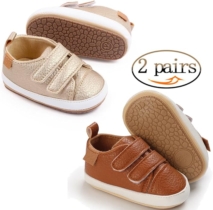 2Pairs Baby Shoes,Boys Girls Non-Slip Rubber Sole Sneakers,Unisex Infant Soft Lightweight First Walking Crib Shoes