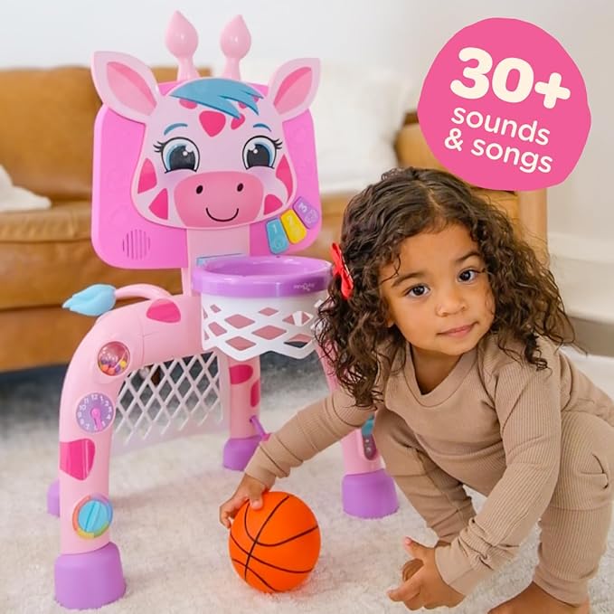 Move2Play, Giraffe Basketball Hoop & Soccer Goal Activity Center | 30+ Sounds & Lights | 1, 2, 3+ Year Old Gift & Birthday Present | 6, 12, 18, 24+ Month Toy For Baby, Toddler, Boys, & Girls