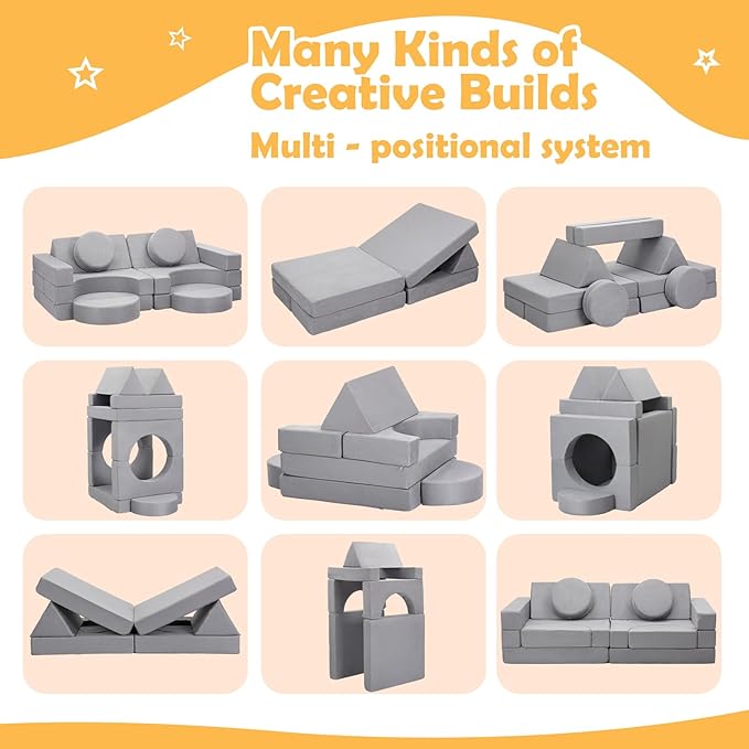 16Pcs Soft Play Blocks for Toddlers & Kids, Foam Climbing & Crawling Toys for Boys & Girls Aged 3+, Corner Climber Nugget Play Couch, Grey