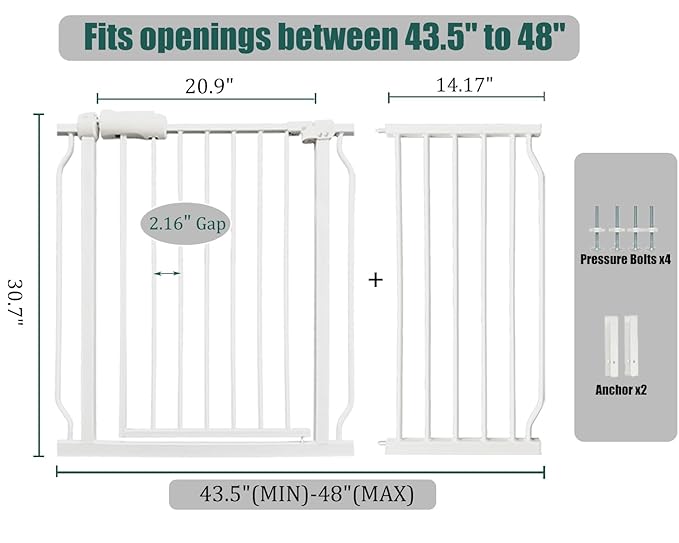 43.5-48 Inch Extra Wide Baby & Dog Gate, Pressure Mounted No Drill, Indoor Safety Gate for Pets & Toddlers, White Metal with Extension Kit