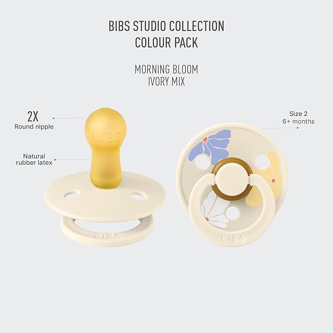 BIBS Pacifiers - Studio 2 Pack | Round Nipple Baby Pacifier | BPA Free Natural Rubber Latex Soother | Made in Denmark | Size 6+ Months | Morning Bloom Ivory