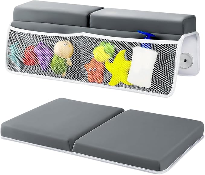 SKEFOLI Baby Bath Kneeler and Elbow Rest pad Set,1.5" Thick Baby Bath Kneeler Pads with Toys Organizer, Elbow Pads to Support The arm, Baby Bath Essentials, Ideal Bath Kneeling Pad for Bathing Baby