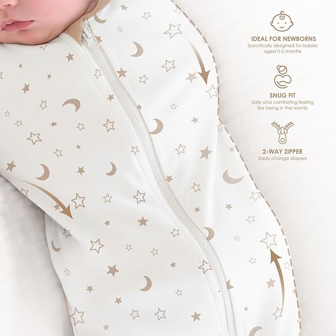 Baby Swaddle 0-2 Months, Cotton Arm-In Zipper Sleep Sack, Wearable Blankets Wrap for Newborn Infant Girls and Boys (Woodland Animal, Star Moon, Pack of 2)