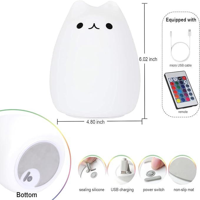 Cat Lamp, Cute Kitty Night Light with Remote Control, Christmas Gifts for Girls Boys Teens, Rechargeable Kids Night Light for Bedroom, Silicone Kawaii Kitty Baby Nursery Nightlight Lamp