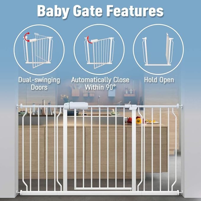 ALLAIBB Extra Wide Pressure Mount Baby Gate Auto Close White Metal Child Dog Pet Safety Gates with Walk Through for Stairs,Doorways,Kitchen and Living Room (52.76-62.2"/134-158cm)