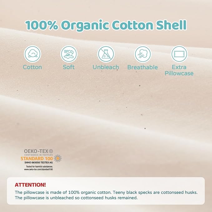 LOFE Organic Plilow with Cartoon Pillowcase - 16x22 Kids Pillow with 100% Organic Cotton Shell, Adjustable Organic Youth Pillow, Machine Washable, Soft,for Kids&Youth&Children (Dinosaur)