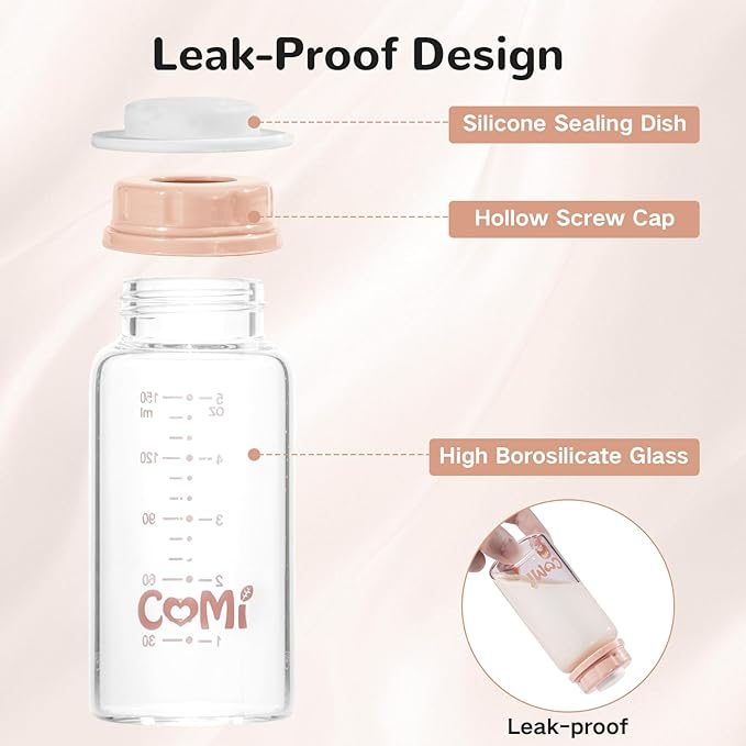 COMI Natural Glass Baby Bottle,Standard Neck Breastmilk Storage Bottle for Fridge,Breast Milk Container,Breast Pump Bottle Compatible with Medela Breast Pump,BPA Free,6PCS (5oz,6 Pink Lids)
