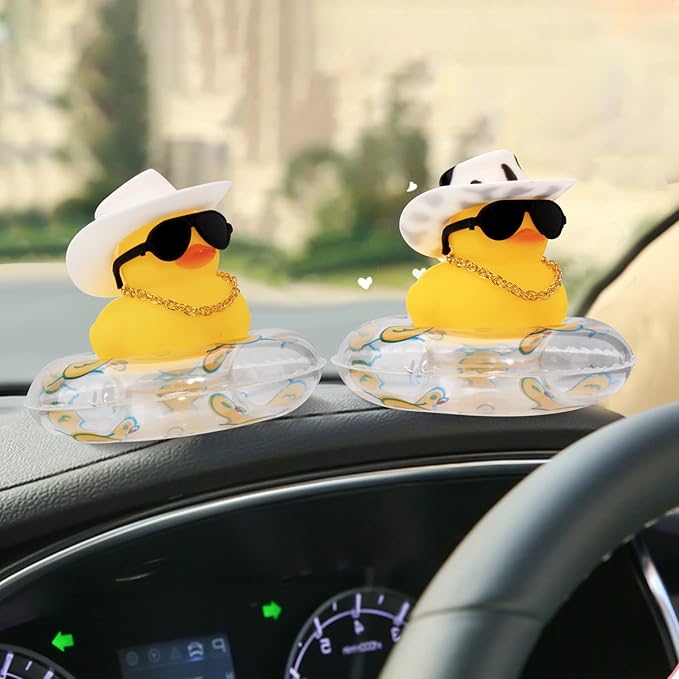 wonuu Car Rubber Duck, Yellow Duck Decoration Dashboard with Sun Hat Swim Ring Necklace Sunglasses for Car Dashboard Decorations