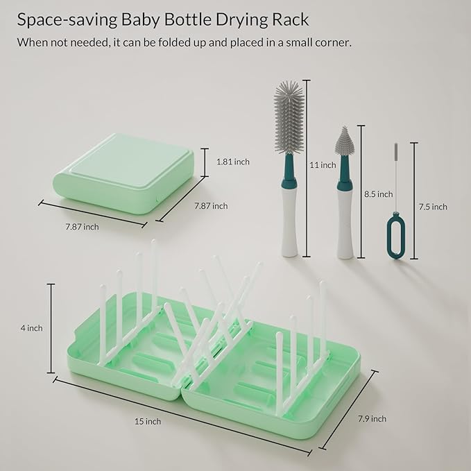 Portable Baby Bottle Brush Set with Multiple Brushes,Soap Dispenser, Foldable Bottle Drying Rack for 16 Bottles, Bottle Cleaner Brush Set for Bottles and Baby Accessories, Baby Travel Essential