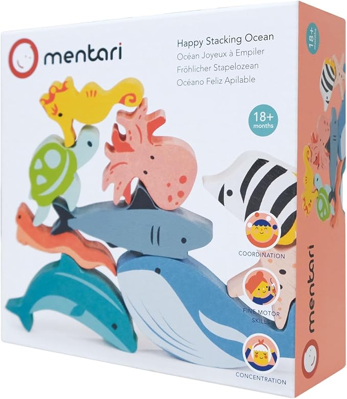 Mentari Toys - Happy Stacking Ocean - 9pc Wooden Stacking Toy for Toddlers - Colorful Sea Themed Balancing Activity Toy with Bag - Boost Fine Motor Skills and Dexterity - Educational Toy - Age 18m+