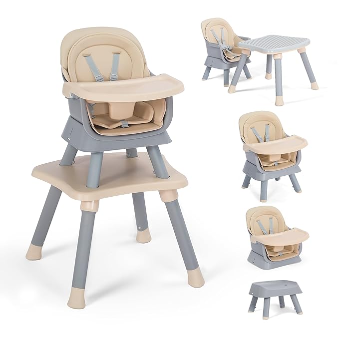 Baby High Chair, 8 in 1 Convertible Highchairs for Babies and Toddlers, Children Dining Booster Seat/Kids Building Block Table for Girls Boys, Baby Seat with Removable Tray, Khaki