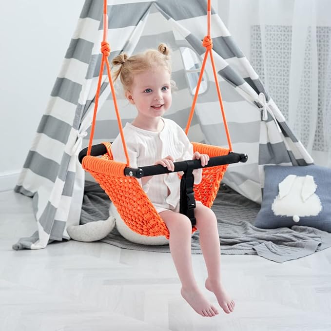 Toddler Swing & 2-in-1Baby Swing- Adjustable Rope Swing Seat for Kids | Indoor & Outdoor Durable Backyard Swing Set for Infants & Toddlers (Orange)