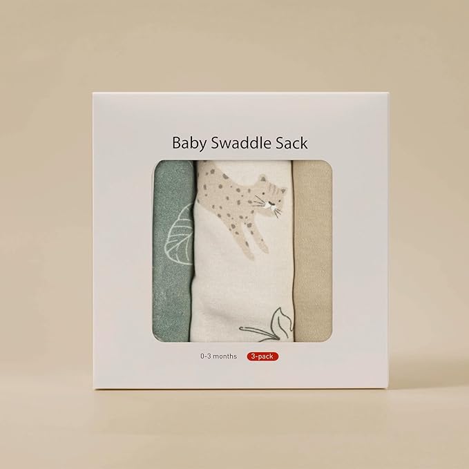Baby Swaddle Sacks, 3-Pack Newborn Organic Cotton Swaddle Wrap, Adjustable Swaddle Blankets, Nursery Swaddling Essentials for Newborn 0-3 Months, Infant Shower Items Gift (Cat & Leaves)