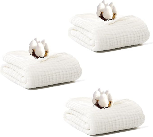 Baby Muslin Towel Blankets- 3 Pack Newborn White Gauze Towel Odor Free Soft Baby Bath Towel 6 Layers for Boys and Girls 41.5"x 41.5"