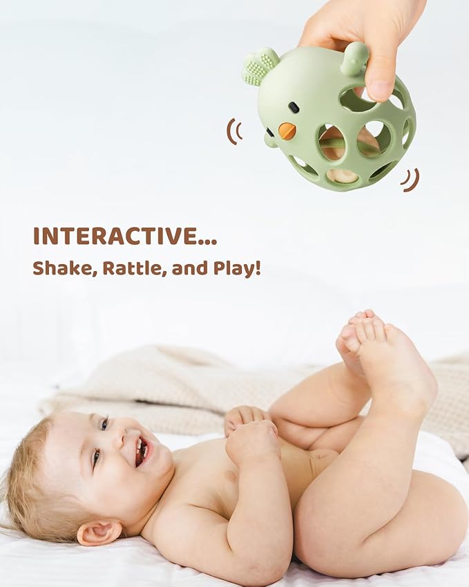2-in-1 Baby Teething Rattle Toy, Sensory Grasping Teether for Infants 3-12 Months, 100% Food-Grade Silicone, Easy to Hold, Soothing & Developmental, BPA Free