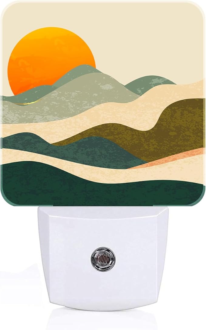 Boho Sun and Abstract Mountains Night Light,Plug Into Wall Decor for Stairway,Hallway,Kitchen,Dusk to Dawn Sensor Nightlights for Boys/Girls/Women/Men Room Gifts