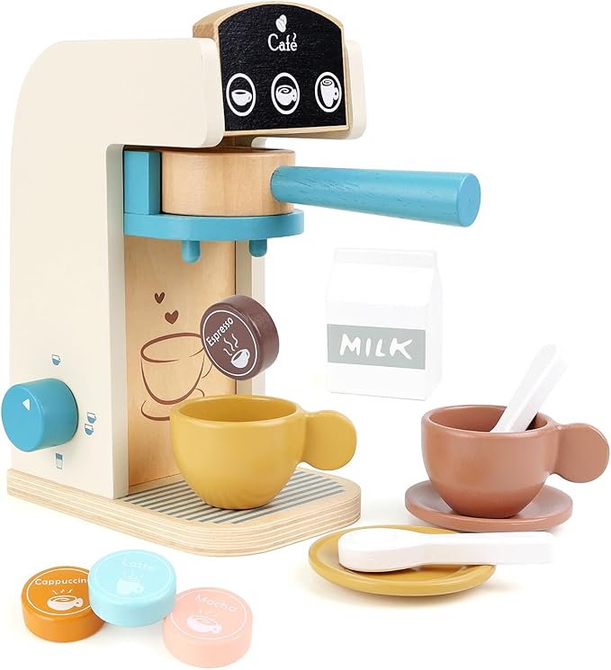 PairPear Wooden “Drop-Pod” Coffee Maker Toy， 13 Pieces Espresso Machine Playset, Barista & Cappuccino Pretend Play Kitchen Accessories Gift for Girls and Boys Age 3+