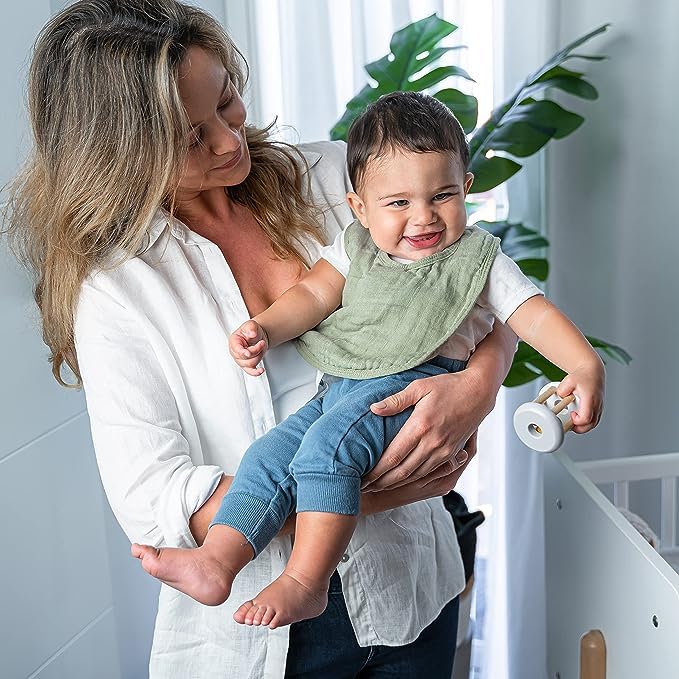 Comfy Cubs Muslin Bibs for Babies, Pack of 4 - Soft and Highly Absorbent, Feeding, Drool and Teething Bib, Adjustable Snaps - Stylish & Colorful Unisex Designs, Giftable Set - Sage