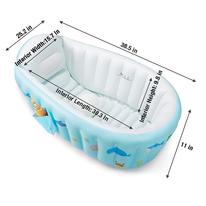 PandaEar Baby Inflatable Bathtub, Portable Travel Baby Infant Bath Tub Toddler Bathtub with Air Pump, Foldable Non-Slip Shower Basin Mini Air Swimming Pool for Newborn (Whale Blue)