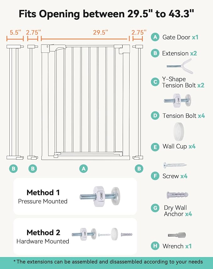 COMOMY 36" Extra Tall Baby Gate for Stairs Doorways, Fits Openings 29.5" to 43.3" Wide, Auto Close Sturdy Safety Dog Gate for House, Pressure Mounted Easy Walk Through Pet Gate with Door, White