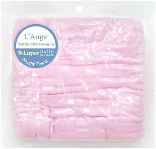 L'Ange Baby Bath Towel - 9 Layers 100% Cotton Muslin, Super Quick Dry, Medical Grade Packaging for Infants and Newborns - 28 x 37in - Pink