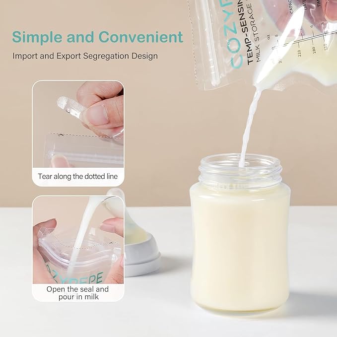 200 Pcs Breastmilk Storage Bags, 8oz Breast Milk Storing Bag with Pour Spout, Temperature-Sensing Color Change Milk Bag for Convenient Breastfeeding, No Leak Presterilized for Freezer