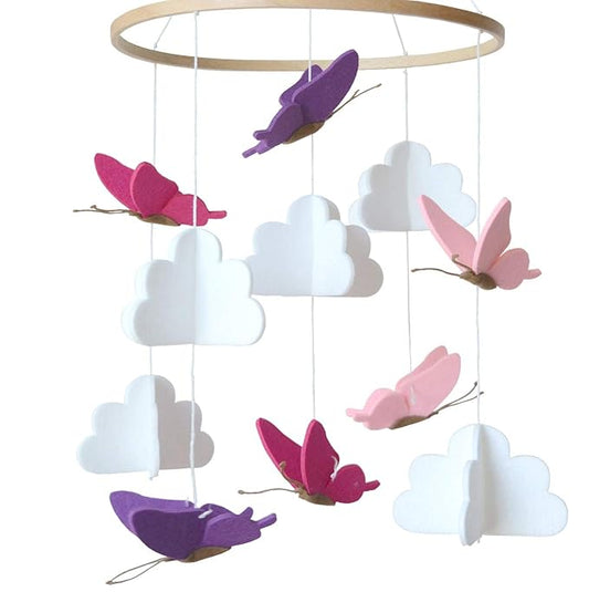 Sorrel + Fern Baby Crib Mobile - Butterflies in The Clouds Nursery Crib Decoration for Girls & Boys - Pink & Purple