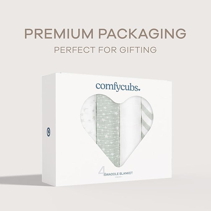 Comfy Cubs Muslin Swaddle Blankets Pack of 4, 47 x 47 Inches, Soft Cotton Baby Blanket Set, Large Multipurpose Swaddling Wraps for Newborns - Self-Soothing Swaddle - Green