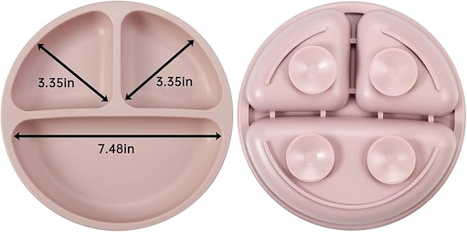 PandaEar 2 Pack Toddler Divided Suction Plates with 2 Spoons 2 Forks for Babies | Silicone Baby Led Weaning Supplies Self Feeding Eating Utensils | BPA-Free Silicone Baby Feeding Set -Pink
